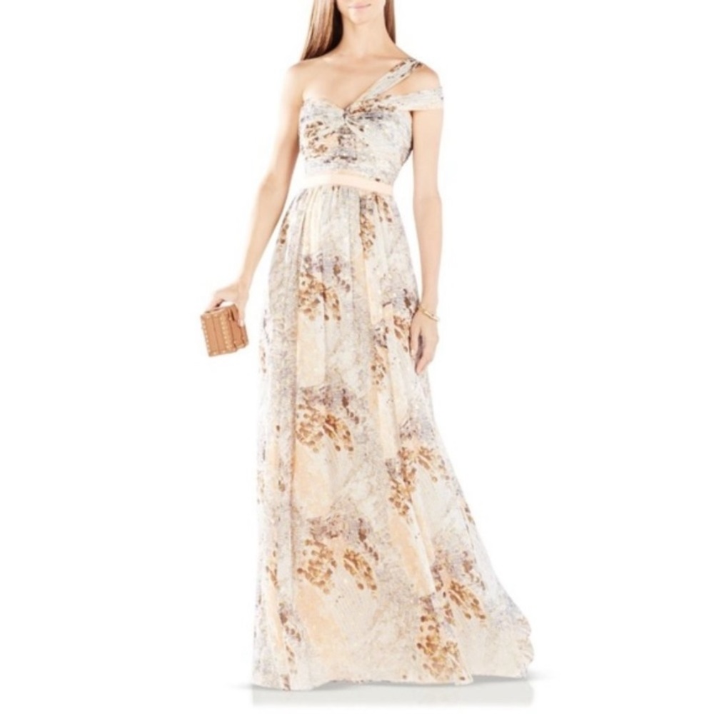 BCBGMaxAzria One-Shoulder Floral Print Evening Gown in Cream and Gold